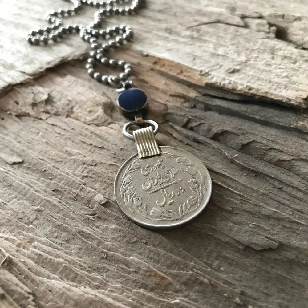 Rustic Lapis Lazuli Ethnic Coin Charm Necklace - 30 Inch Chain